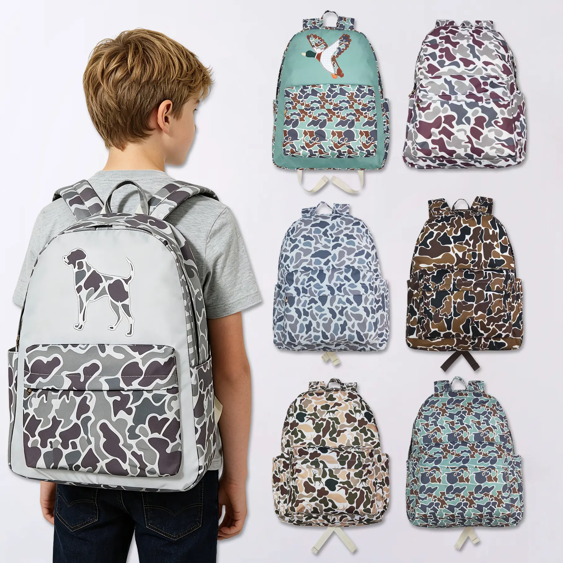 Kids' Casual Camo Dog Print Backpack, Durable and Stylish for School, Outdoor Adventures, and Everyday Wear, Casual Backpack