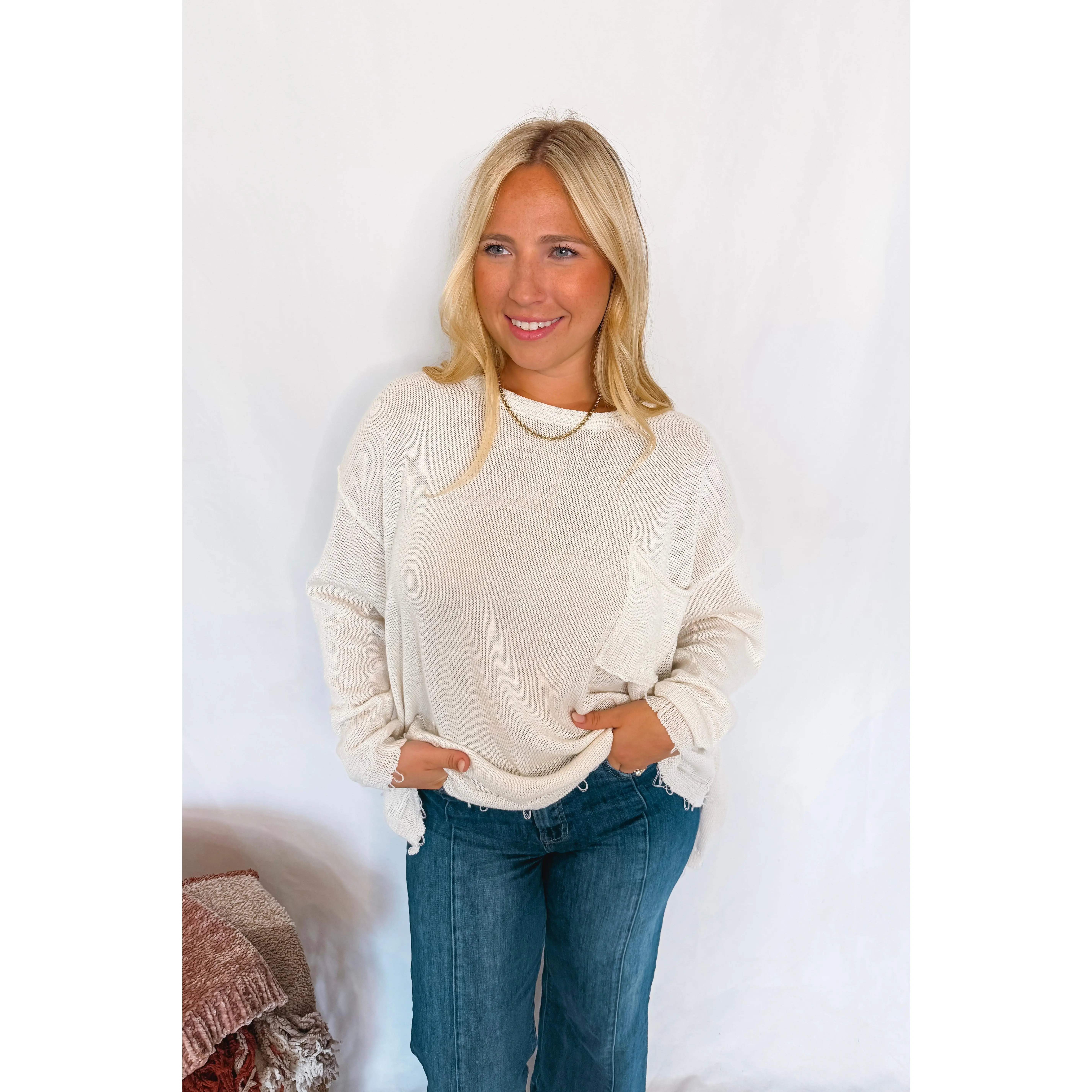 Take Me Away Distressed Knit Sweater - Ivory