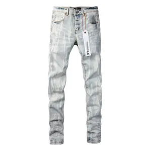 Menswear Light Luxury Cotton Denim Trousers 2026, Blue Distressed Washed Stretch Slim-Fit Small Leg Pants, Zipper Closure, Casual Style, Hole Patch Decoration, Soft Fabric, Straight Cut, Pocket Design, All-Seasons Wear