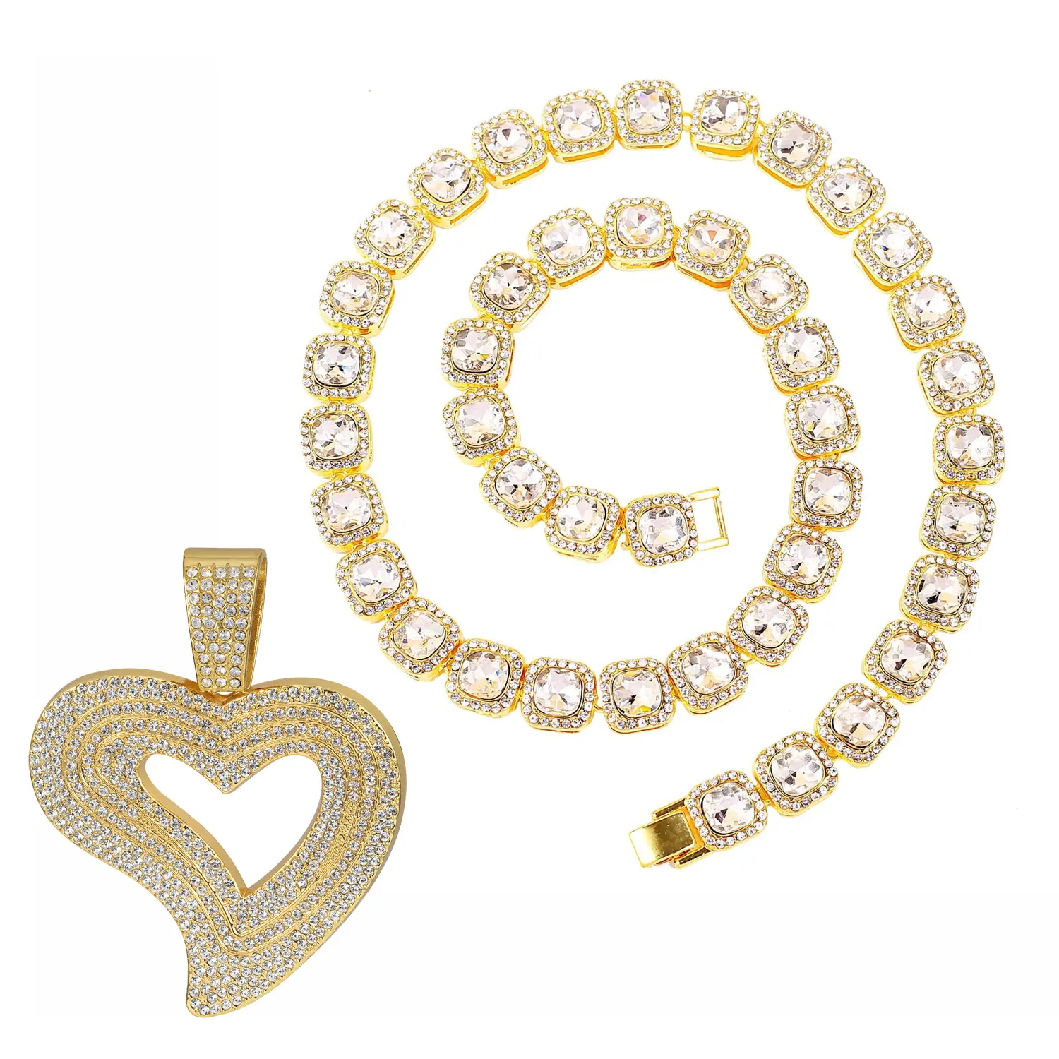 Unisex Row-Clustered Diamond Tennis Necklace - 18K Gold-Silver Plated, Heart Pendant, Cubic Zircon Baguette Chain, Luxury Square Tennis Chain, Ideal Jewelry for Daily Wear & Gifting Cuban Link Chain High End Necklace