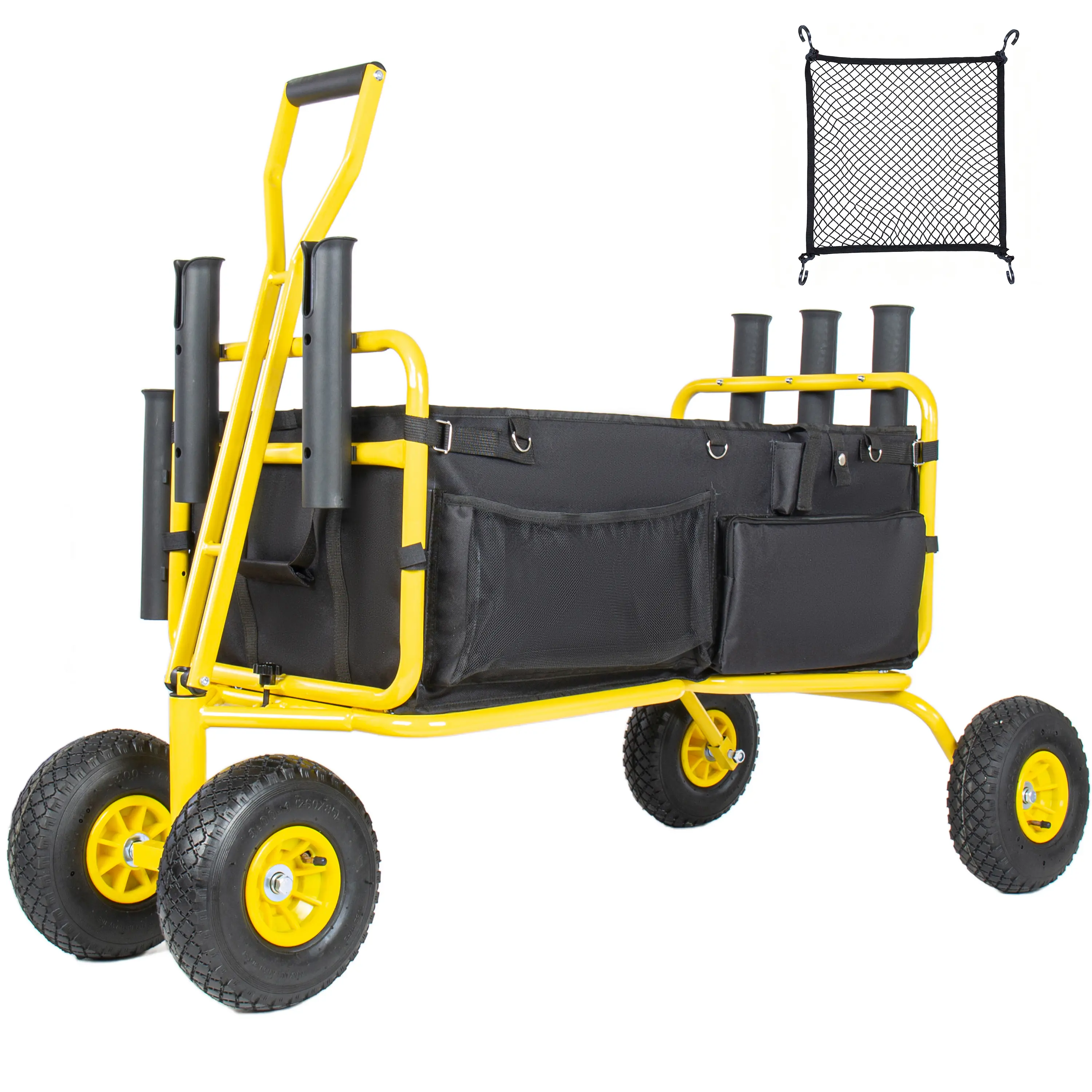 【SummerFinds】550LBS Load Capacity Heavy Duty Foldable Fishing Utility Cart Wagon - Stable, Durable, 5 Rod Holders, 180° Rotating Handle, 10" All-Terrain Inflatable Wheels, 600D Oxford Fabric Bag, Default Setup, Ideal for Fishing, Outdoor Sports