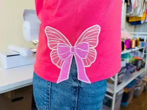 Butterfly Wings Side Bow Applique Embroidery Sweatshirt - Double Layer Shadowed Ribbon Bow, Girly Bow for Machine Embroidery