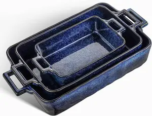 VICRAYS Ceramic Bakeware Set, Porcelain Rectangular Casserole Dish Lasagna Pans Set for Cooking, Baking, Kitchen, Cake Dinner, Banquet and Daily Use, 3 PCS, 15 x 8.5 Inches(Blue)