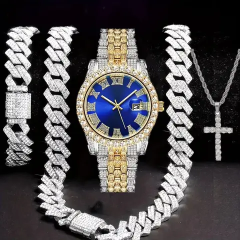 Men's 2-Piece Luxury Crystal-Set Jewelry Set - Quartz Watch with Blue Roman-Numerals Dial, Date Display, 2-Tone Cuban-Link Gold-Silver Bracelet & Cross Necklace for Hip-Hop Party Looks