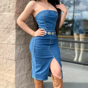 Denim Midi Dress - Casual Women's Wear with Side Slit and Belt Detail - Womenswear