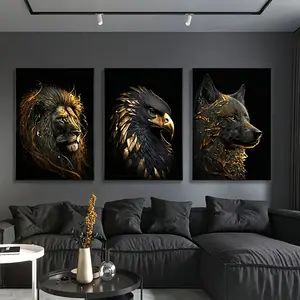3-piece frameless canvas poster - Modern abstract art piece featuring golden lion and eagle, suitable for wall decoration in bedrooms, living rooms, corridors, and for winter room decoration.