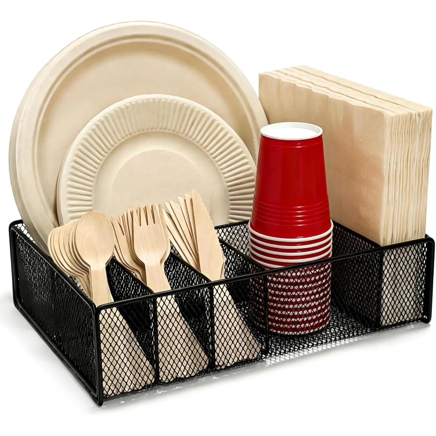 Metal Paper Plate Organizer for Countertop - Racks for Storage, Plate Storage, Utensil Caddy, Silverware Holder, Cutlery Dispenser, Plastic Spoon Fork Napkins Cup Organizer, Home Supplies for Party Camping