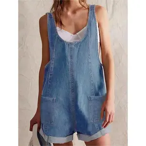Women's solid color denim workwear, casual, comfortable, breathable fabric, basic fit sleeveless workwear, spring and summer women's clothing, women's clothing, Dungarees， Cowboy jumpsuit, summer denim jumpsuit, denim jumpsuit, blueRAIMENTRY