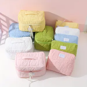 [Home Relaxation] Quilted Cloud Makeup Bag - Large Capacity Travel Makeup Organizer, Portable Light Color Toiletry Bag (Lemon Yellow, White, Pink, Green, Blue) with Zipper Closure