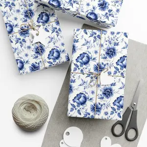 Hampton Blue Wrapping Paper | Blue and White Chinoiserie Wrapping Paper | Elegant Luxury Wrapping Paper | Blue Floral Wrapping Paper