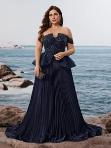 Asymmetric Off-Shoulder A-Line Pleated Maxi Evening Gown with Sequin Ruffle Details, Plus Size Sweetheart Neckline Prom & Wedding Dress for Formal Events