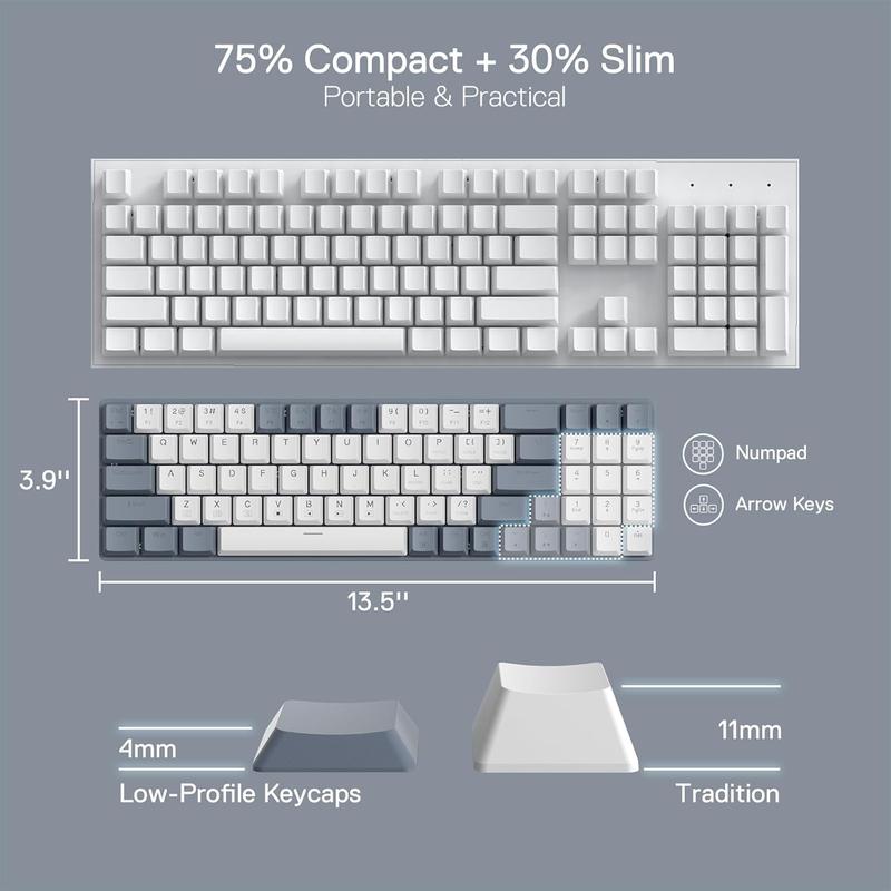 Redragon BS8772 Wireless Ergonomic Keyboard & Mouse Combo 75% 78 Keys 2.4Ghz Low-Profile Mechanical w/Rechargeable Battery 2400 DPI Blue Backlight