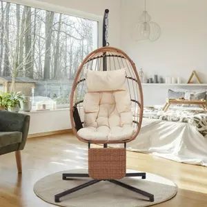 Hanging Egg Chair for 1, with Stand & Removable Leg Rest, Foldable Indoor/Outdoor Swing Chair, Including Cushion and Pillow, Patio Wicker Swing, Hammock Chair for Patio, Bedroom, Balcony, Beige