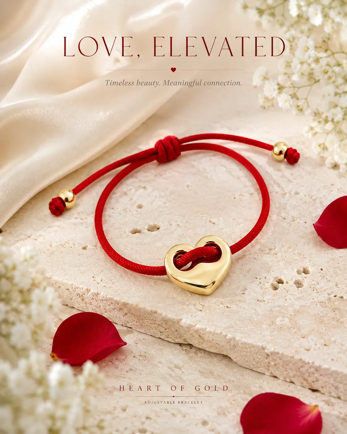 Red String Bracelet - Gold Heart Charm, Adjustable