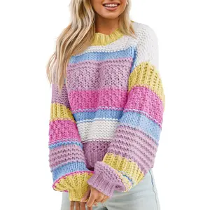 Saodimallsu Womens Color Block Sweater Striped Chunky Knit Cropped Sweaters Crewneck Fall Long Sleeve Loose Pullover Tops Casual Knitwear