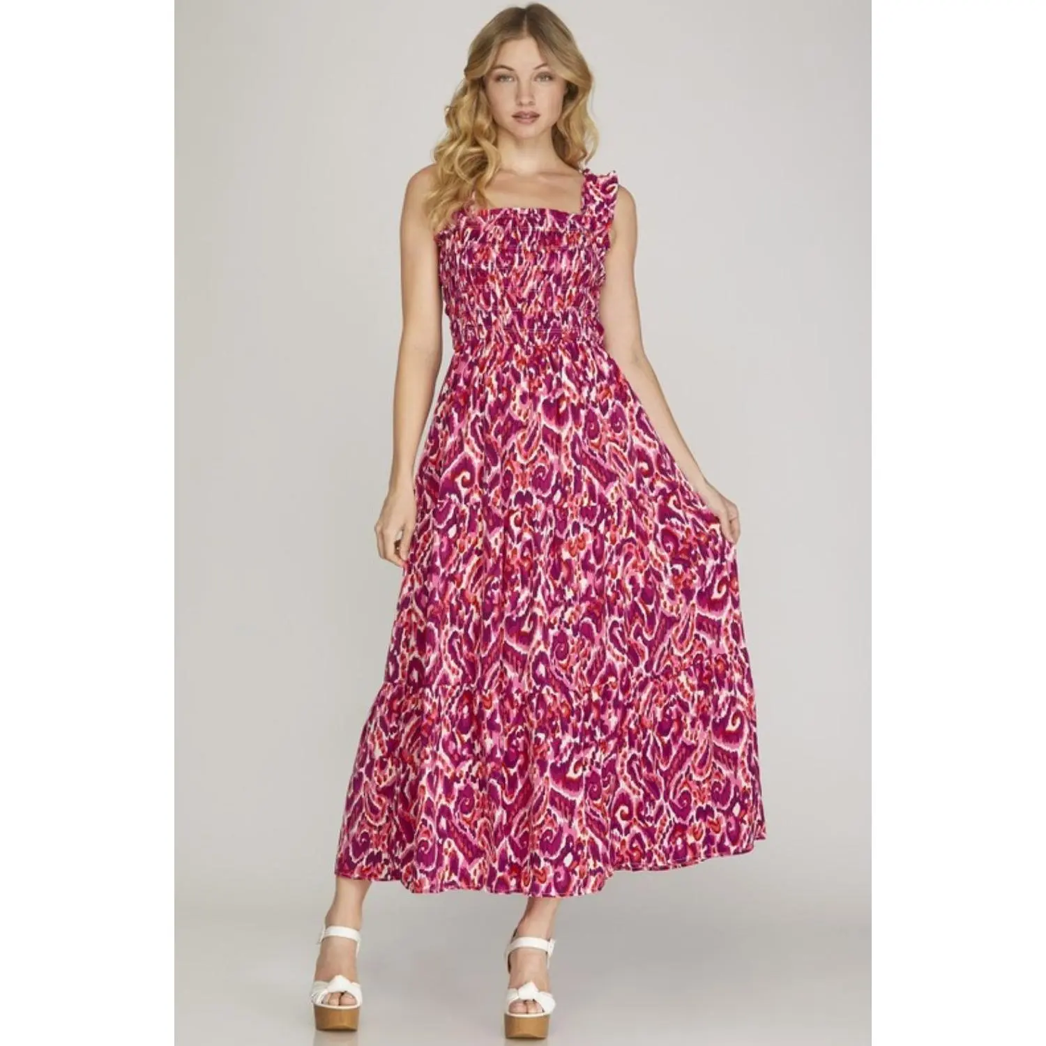 She + Sky Full Size Smocked Printed Wide Strap Tiered Dress Plus Size