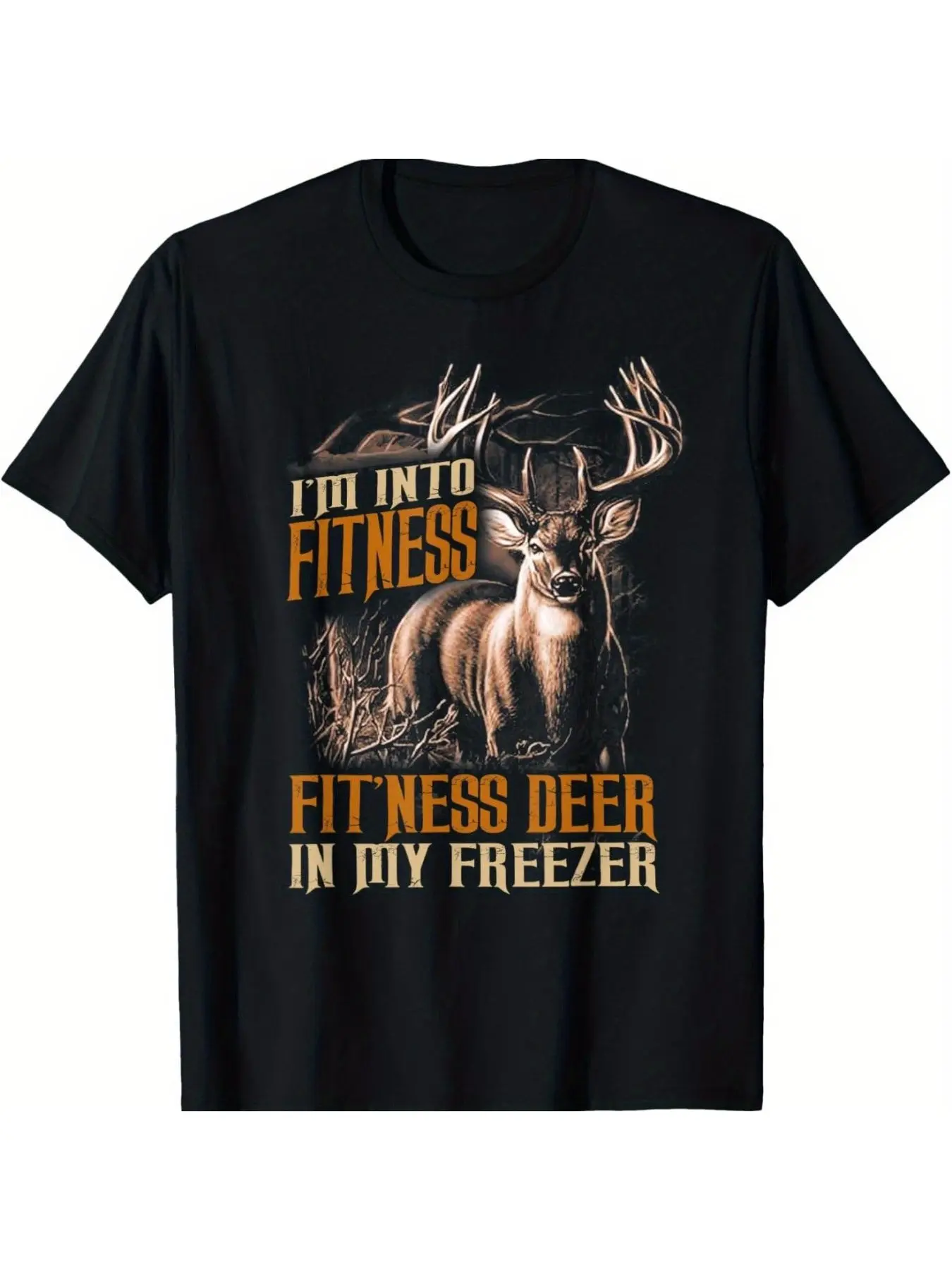 Menswear Graphic Tshirt, Unisex Short-Sleeve Round Neck Hunting-Themed Top with Antlers & Bullet Hole Pattern, Black with Gold Print, Comfortable Cotton "I Love Fitness: The Heart of a Deer Hunter" Shirt