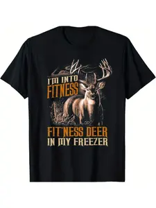 Men's and Women's "I Love Fitness: The Heart of a Deer Hunter" Hunting-Themed T-Shirt - Antlers and Bullet Hole Pattern, Black with Gold Print, Comfortable Cotton Short-Sleeve Shirt