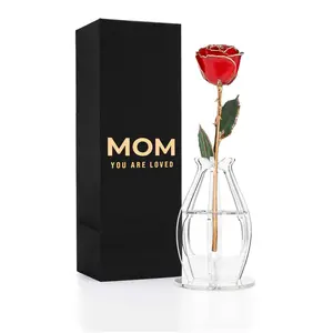 "Mom You Are Loved" Personalized 24K Gold Trim Red Forever Rose Combo with Bloom Box & Phantom Vase™ Combo