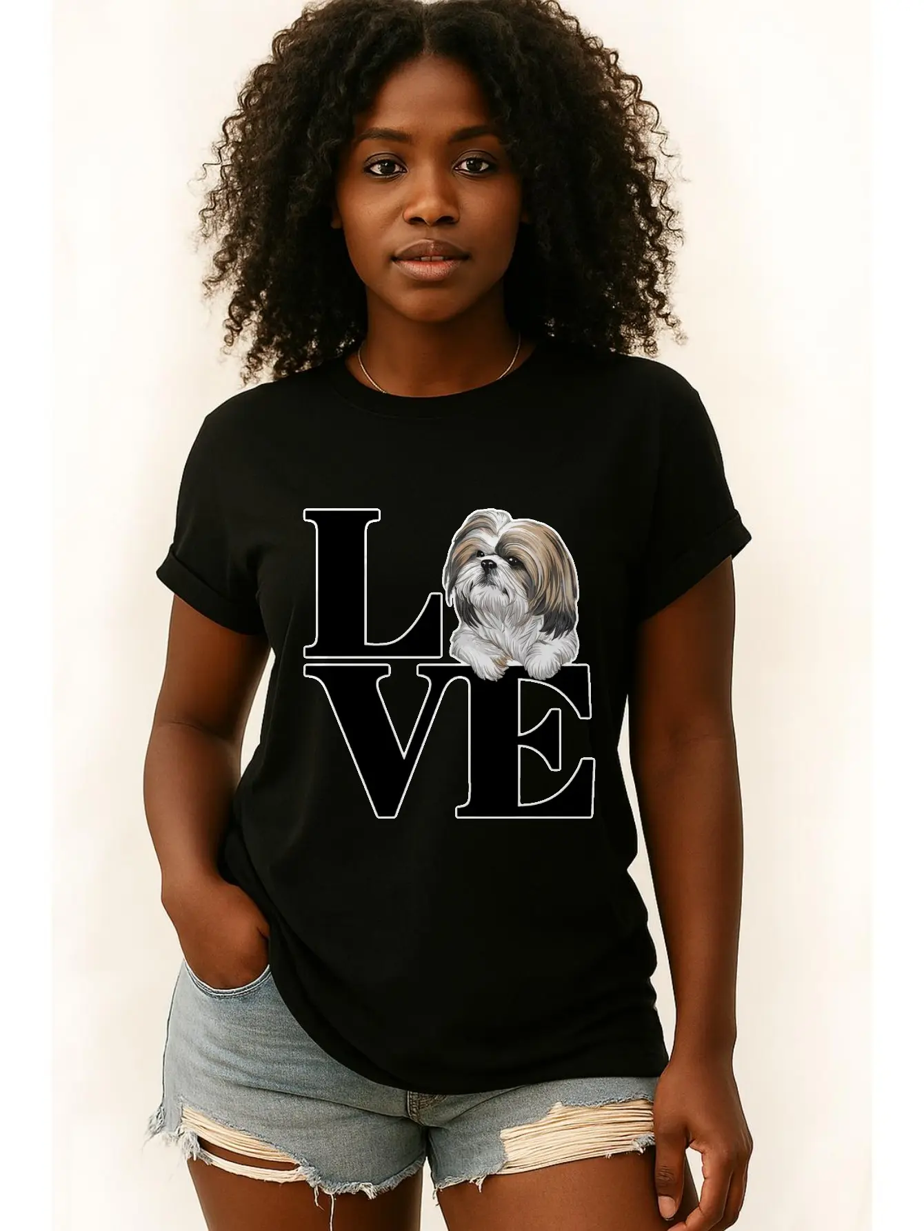LOVE Shih Tzu Dog Women's Plus Size Sports Short Sleeve T-Shirt Cotton Fabric Breathable Everyday Wear Minimalist Style Black Top