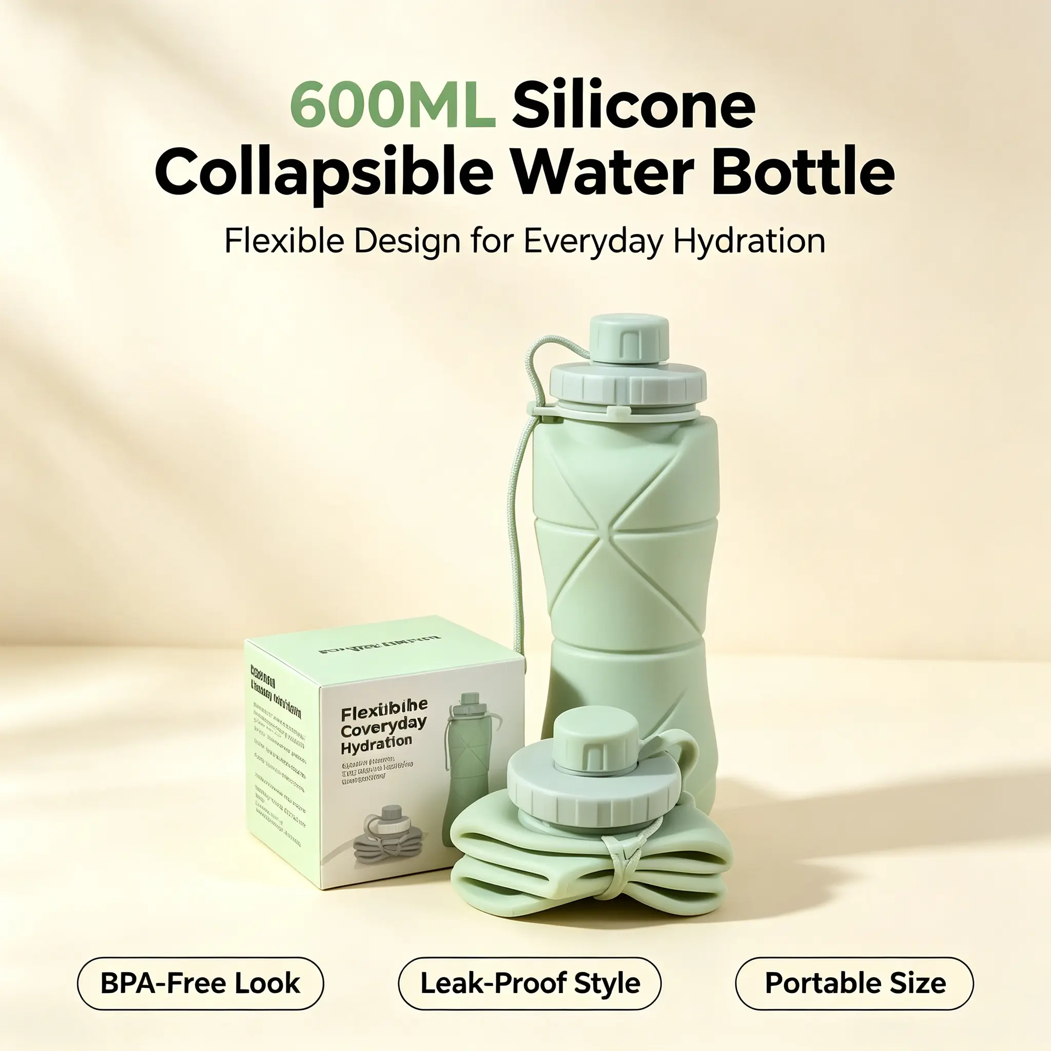 Collapsible Silicone Water Bottle 600ml, BPA Free Leak Proof Foldable Travel Water Bottle, Portable Reusable Water Cup for Hiking Camping Gym