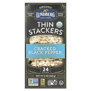 Lundberg Organic Thin Stackers, Puffed Grain Cakes, Cracked Black Pepper, Lightly Salted, 24 Rice Cakes, 6 oz (168 g)