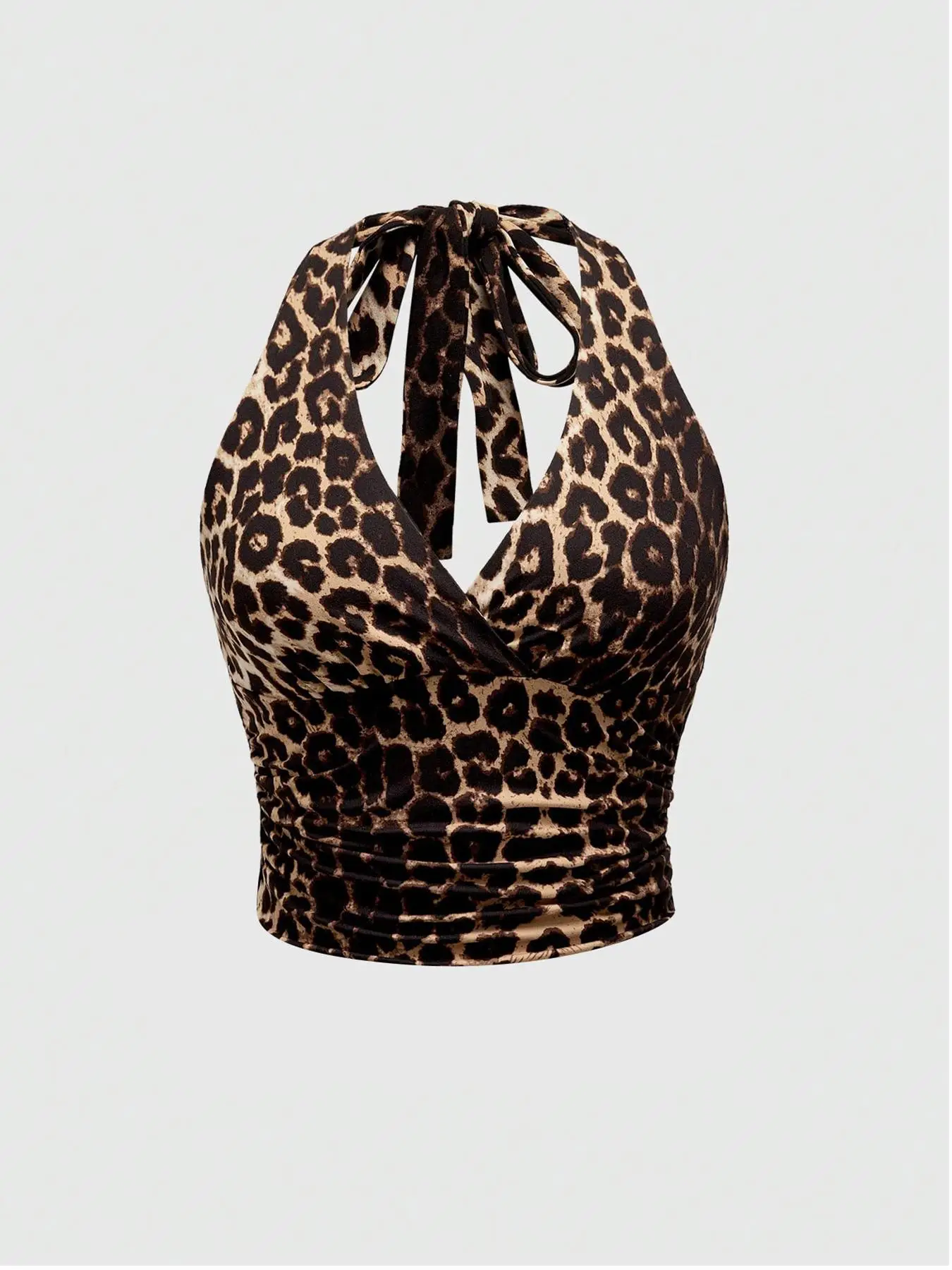Women's Leopard Print Ruched Tie Back Halter Crop Tank Top, Fashion Casual Backless Sleeveless Top for Fall, Ultra Crop Top, Tops for Women, Ladies Cl