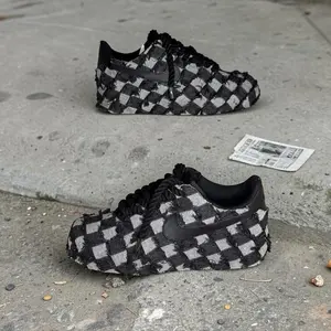 Distress Jean Denim Custom  Checkered Pattern Sneakers for Men