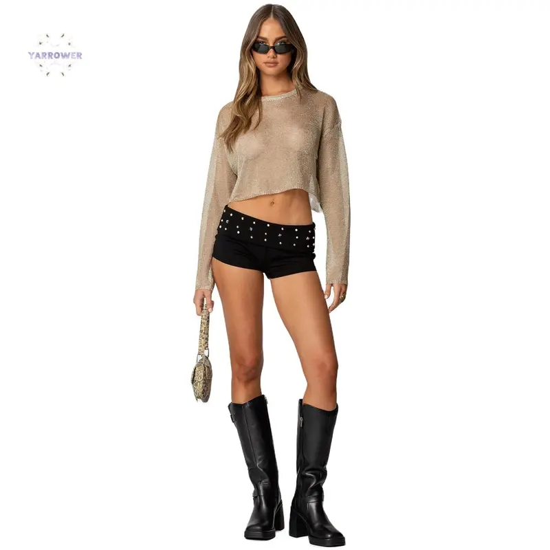 Women's Y2K Studded Foldover Low-Waist Cotton Micro Shorts - 90s Casual Going Out Bottoms