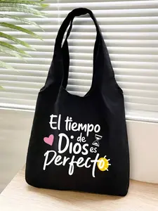 Single-shoulder bag features a floral wreath pattern and white lettering "El Tiempo De Dioses Perbedo." It's a portable, casual tote bag, Lightweight tote bag