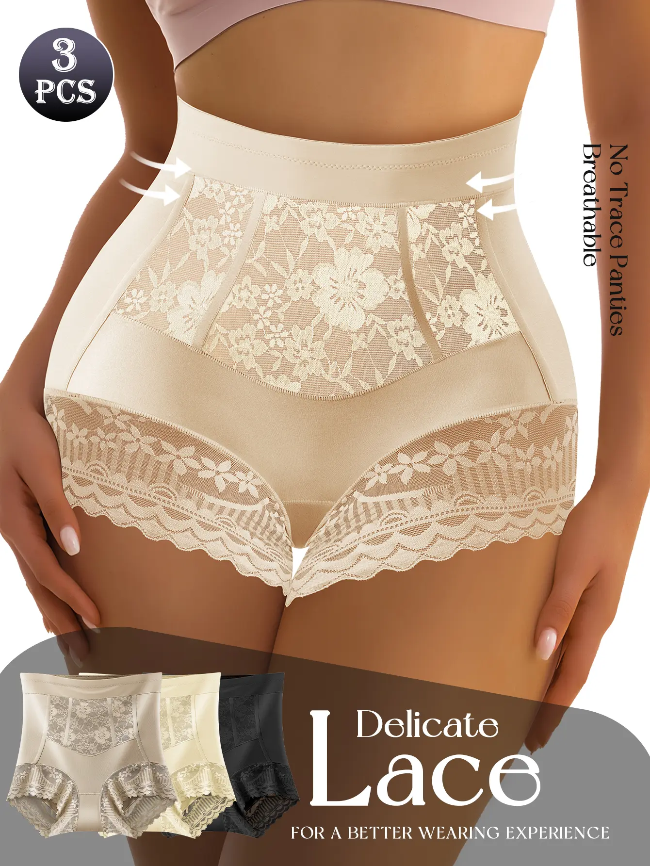 QUASTI 3-Piece High-Waisted Elegant Lace Tummy-Slimming Shaping Panties, High-Elasticity Hip-Lifting, Breathable, Soft, Comfortable, and Silky Fabric Womenswear, Shaping Underwear Brief, Sizes S-XXL