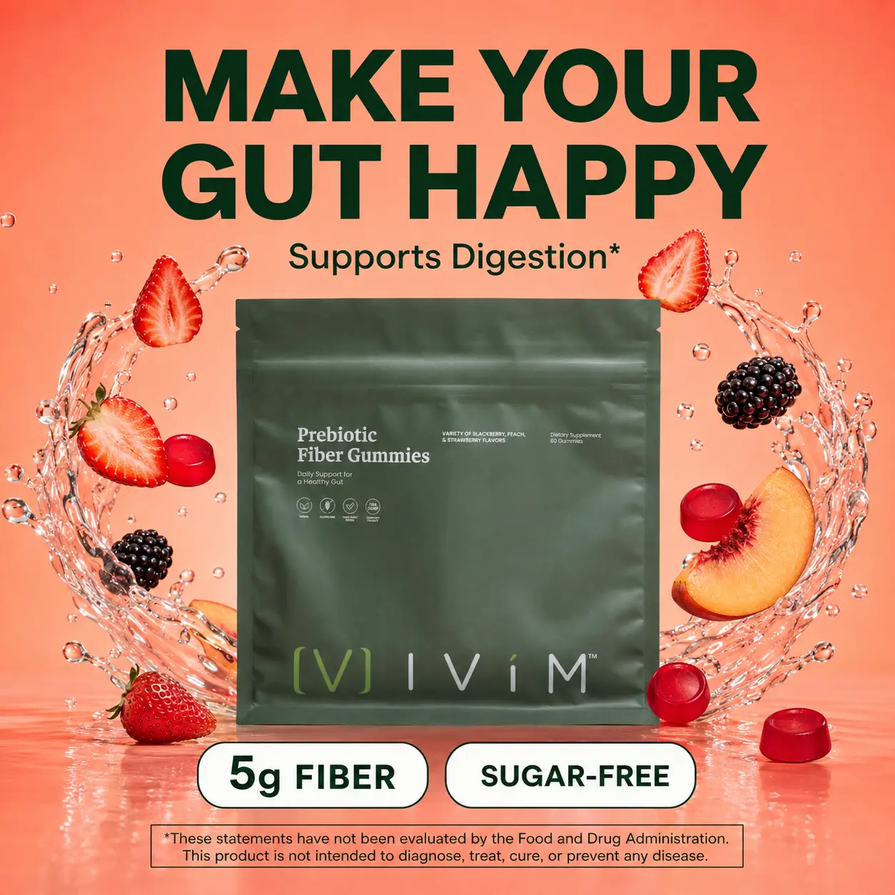 Ivim Health Natural Prebiotic Fiber Dietary Gummies for Adults - Daily Gut Health Support, Digestion Aid, Bloating Relief Supplement, Blackberry Strawberry & Peach Variety Pack