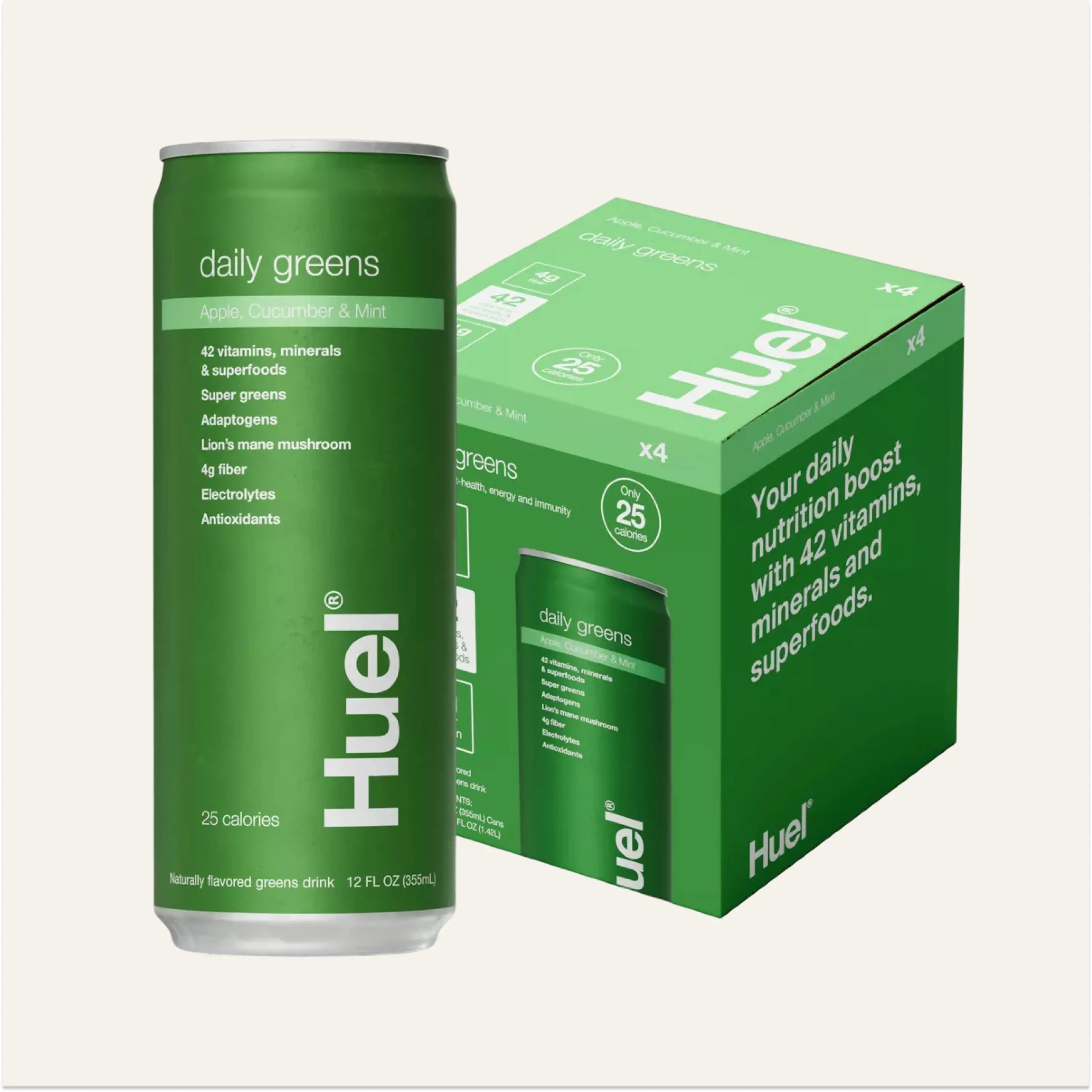 Daily Greens Ready-to-Drink 4-Pack | Sparkling Supergreens Drink | 42 Vitamins & Adaptogens | Gut Health & Immune Support | Low Sugar, 25 Calories