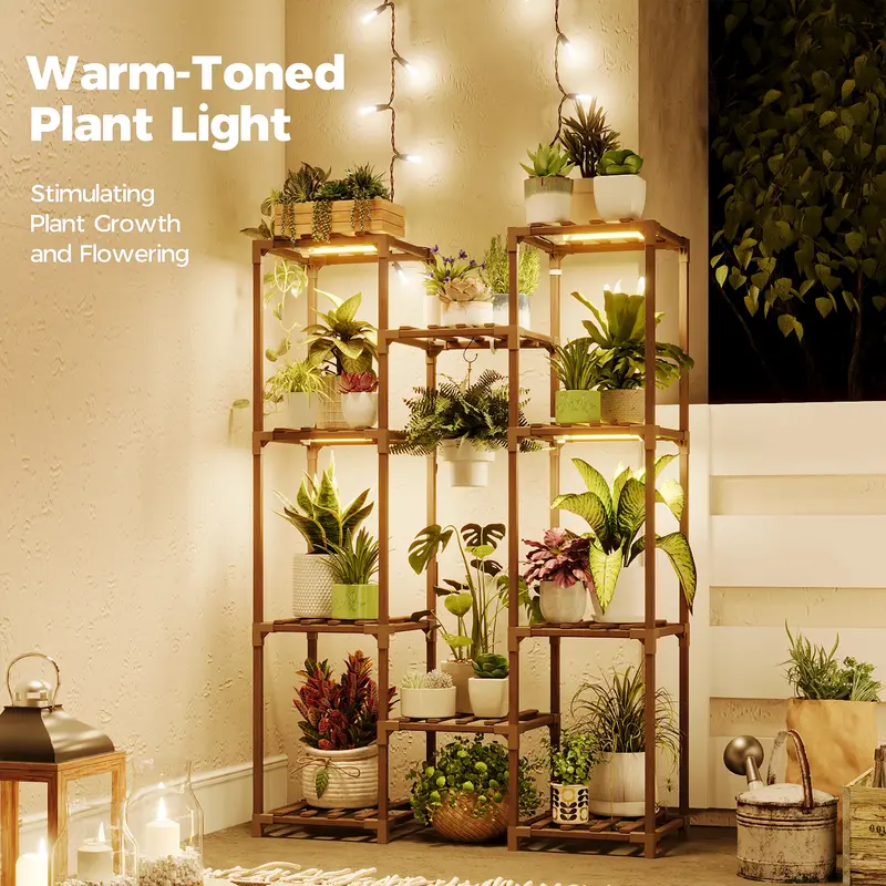 Bamworld 10-Shelf Freestanding Wood Frame Indoor Plant Stand, 30" Center Hanging, Warm Grow Light with 3 Modes, 660nm Bloom & Full Spectrum, Boho Home Decor for Living Room, Gardening Supplies, 10-Shelves Capacity, 10Shelves Capacity, 3 Light Modes