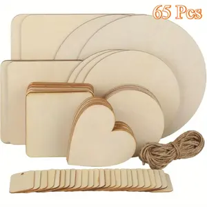 65 pcs untreated wooden board set, mixed round, square, heart-shaped wooden pieces, DIY handicrafts, hot stamping, writing, dyeing wooden boards, suitable for gift, party, wedding decoration