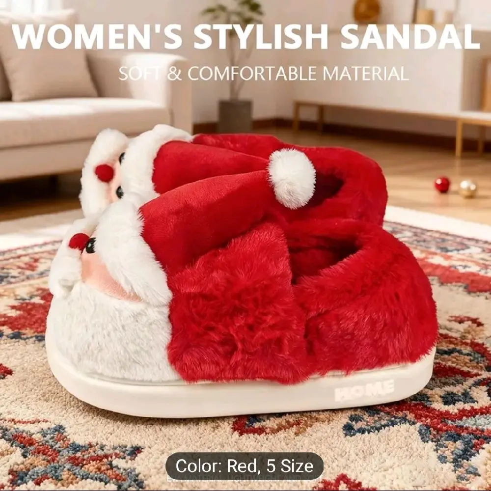 Women's Santa Claus Winter Shoes Cozy Plush Thick Insulating Sole Cute Fluffy Trim with Button Nose Red Checkered Cuff Warm Indoor Outdoor Christmas Party Shoes for Holiday Costume Casual Wear Soft Comfortable Cold Resistant Design