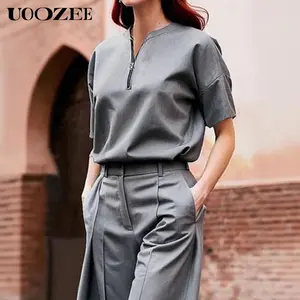 UOOZEE Women's 2025 Gray V-neck T-Shirts, Summer Loose Zipper Short Sleeves Office Leisure Fashion Elegant Tops Lady