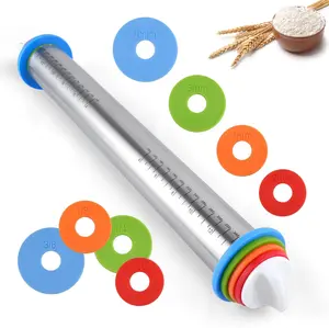 QUSEVOO 17 Inch Stainless Steel Rolling Pin Silver Gray Bakeware Utensils with Non-Stick Surface Weighted Design for Perfect Pastry Cookies Pizza Crusts Adjustable Thickness Rings Durable & Versatile