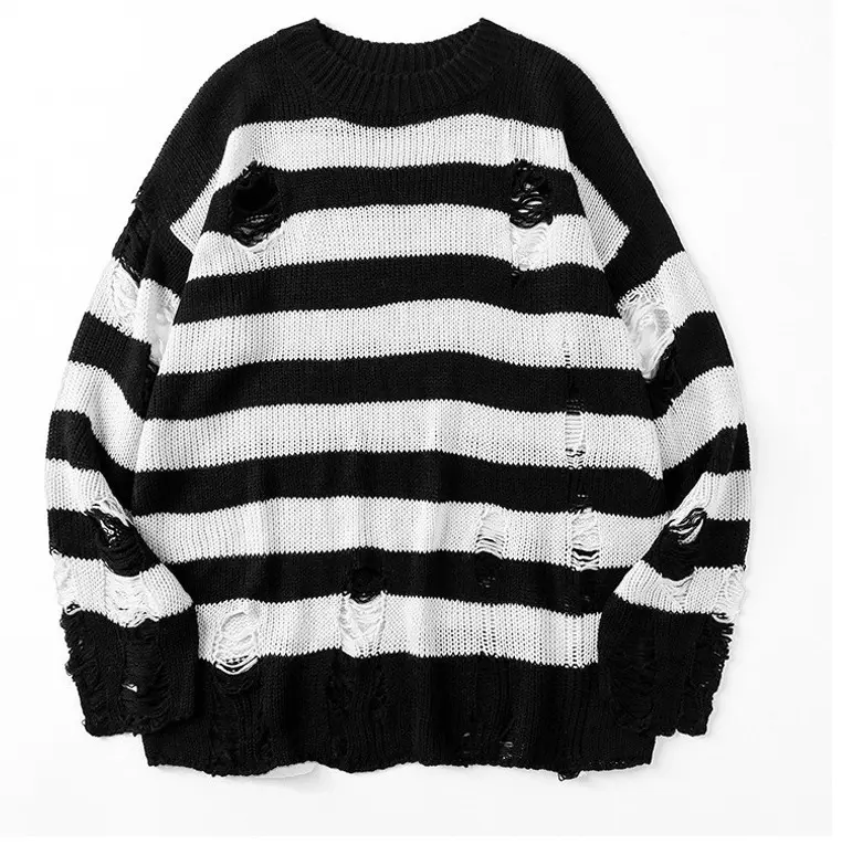 Unisex Distressed Knit Sweater for Men & Women, Oversized Striped Crewneck Pullover for Fall Streetwear, Street Style, Casual Outings & Daily Wear
