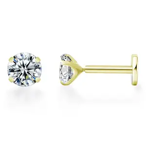 Solitaire Flat Back Stud Earrings by Ginger Lyne for Cartilage Helix Tragus – 4K Yellow or White Gold over Sterling Silver Body Jewelry with 5A CZ – 3mm or 5mm Stones – 6mm or 8mm Post