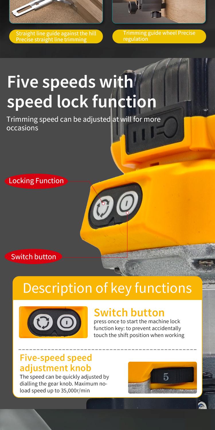 Cordless Palm Trim Router Bare Tool, Brushless Motor, 5-Speed Lock, 5 Adjustable Speeds (12,000 to 30,000 RPM), Edge Trimming & Carving, Compatible With Dewalt 20V Battery, Woodworking Slotting Tool detail 6