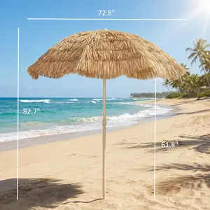 6Ft Umbrella With Faux Straw Canopy For Backyard Or Pool Spiral Base Anchors In Sand 8 Fiberglass Ribs UPF30 Plus For Beach Or Tropical Party