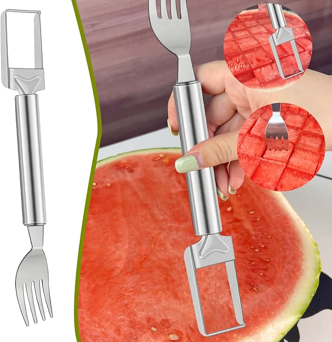 2-in-1 Stainless Steel Fruit Cutter, Watermelon Fork Slicer Tool, Watermelon Slicer and Fork, Dual Head Knife with Round Handle for Kitchen Fruit Cubes (1Pcs)