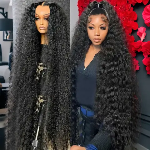 Bling Hair 36 38 Inch 180% Density 13x4 Curly Lace Front Wigs Human Hair 13x6 Water Wave Frontal Wigs Pre Plucked Curly Human Hair Lace Wig For Women HD Transparent Deep Curly Glueless Human Hair Wig Pre Plucked With Baby Hair Natural Color