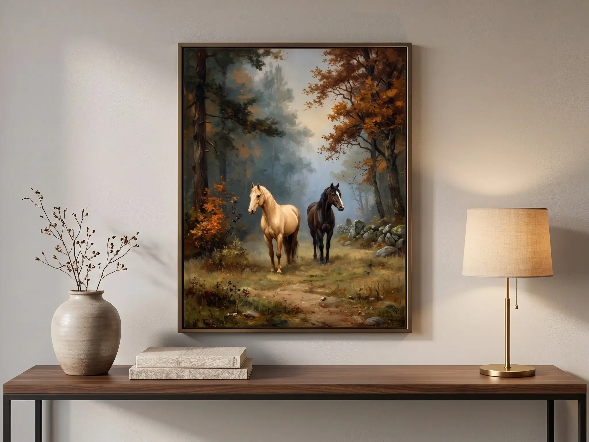 Horse Forest Unframed Poster, Classic Autumn Equestrian Wall Art, Cabin Decor Print, Vintage Animal Artwork, Premium Hybrid Paper for Living Room & Bedroom