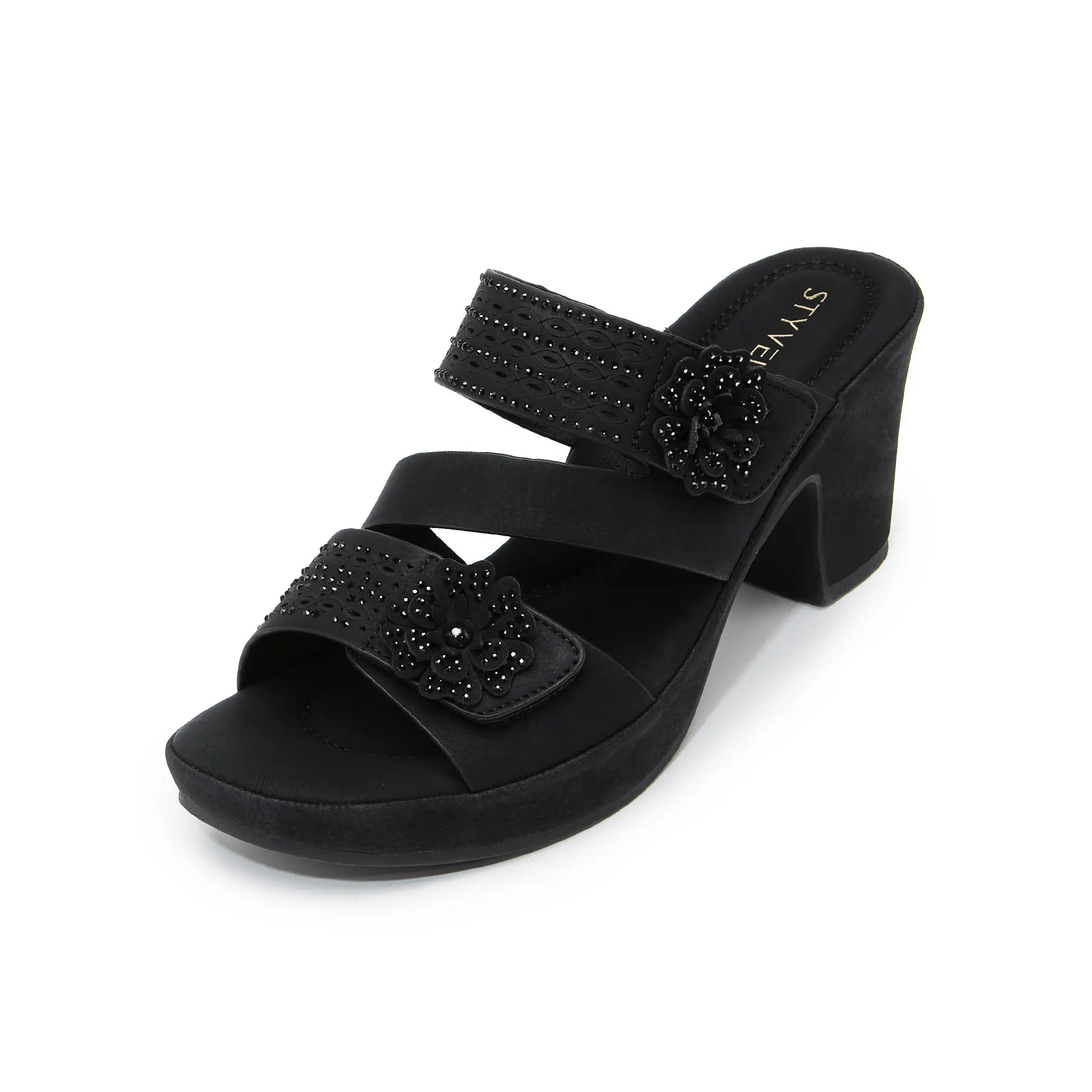 Styvella Women's Fashion Beaded Faux Leather Platform Slide Sandals - 2.95in Block Heel, Double Hook-Loop Straps, Cushioned Footbed, Open Toe, Breathable, Street Chic Evening Shoes, Rubber Sole