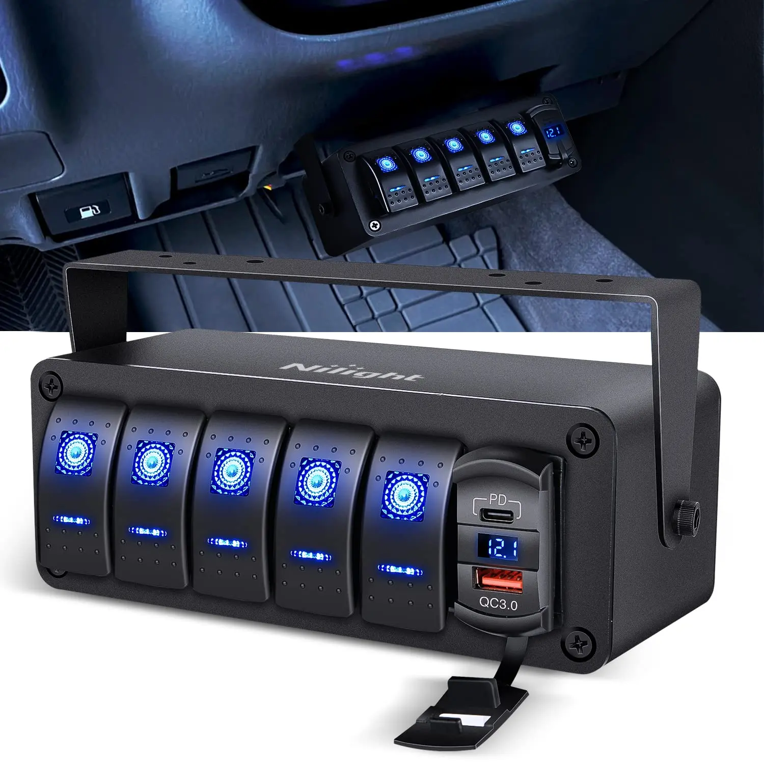 Nilight 5-Gang Detachable Pre-Wired Rocker Switch Box - 12V SPST ON-Off Switch, PD Type-C & QC 3.0 Dual Charging Ports, Voltmeter, Waterproof Dustproof Aluminum Panel for Yacht, LED Work Lights, Caravan