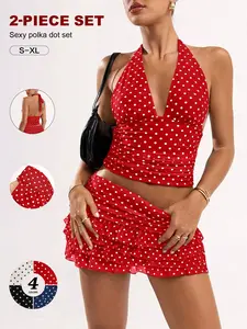 Y2K Polka Dot Cami Set, Lace Trim Sleeveless Top and Pleated Skirt, Mid Waist Above Knee, Fashionable Two-Piece for Daily Wear