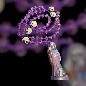 Purple Holy Death Rosary with Skull Beads and Purple Figure Charm Handmade Necklace Jewelry Design