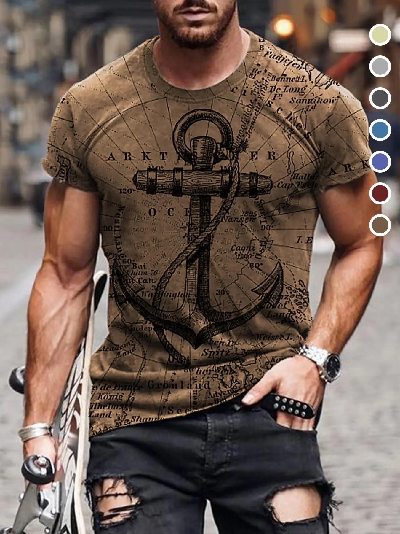 Men's Letter & Anchor Print Round Neck Tee, Summer Clothes Casual Regular Fit Short Sleeve T-Shirt for Summer, Mens Clothes for Daily Wear